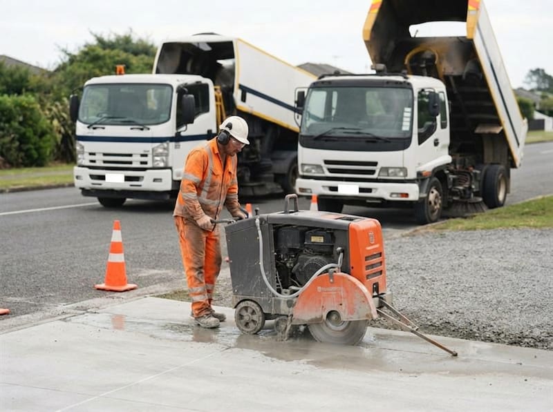 Operator guiding a concrete floor saw along a marked line