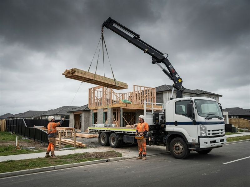 Truck-mounted HIAB crane lifting timber framing onto a building site