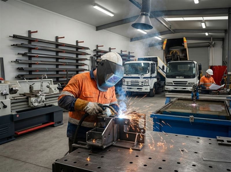 Welder working in the HSS workshop with a lathe and plasma cutting bench behind