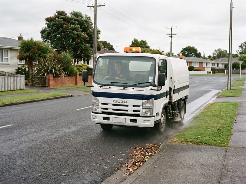 Road sweeper truck cleaning a suburban kerb line