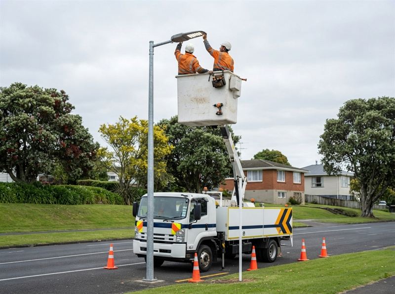 Crew installing an LED street light head from an elevated work platform
