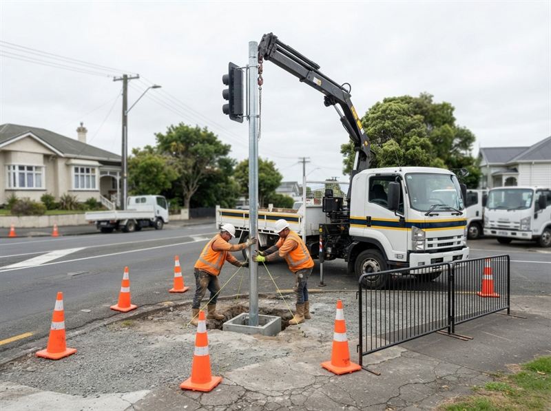 Crane truck lowering a traffic signal pole into a prepared foundation at an intersection
